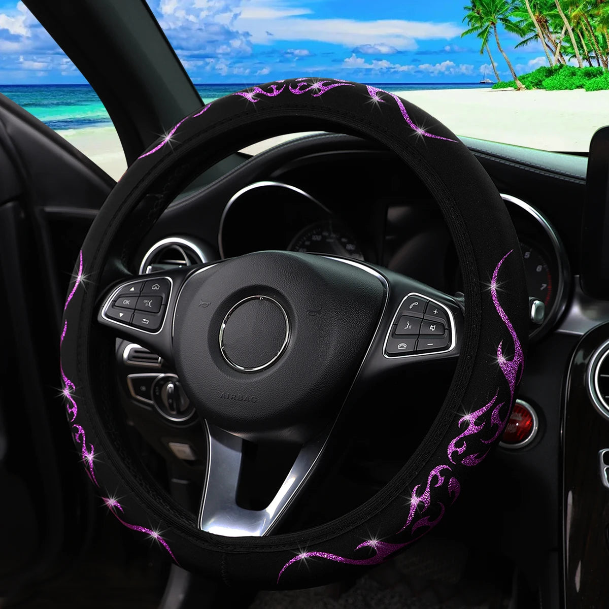 A Blingbling Flame Totem dynamic fabric car without inner ring steering wheel cover fits 14.5-15 inch automotive supplies