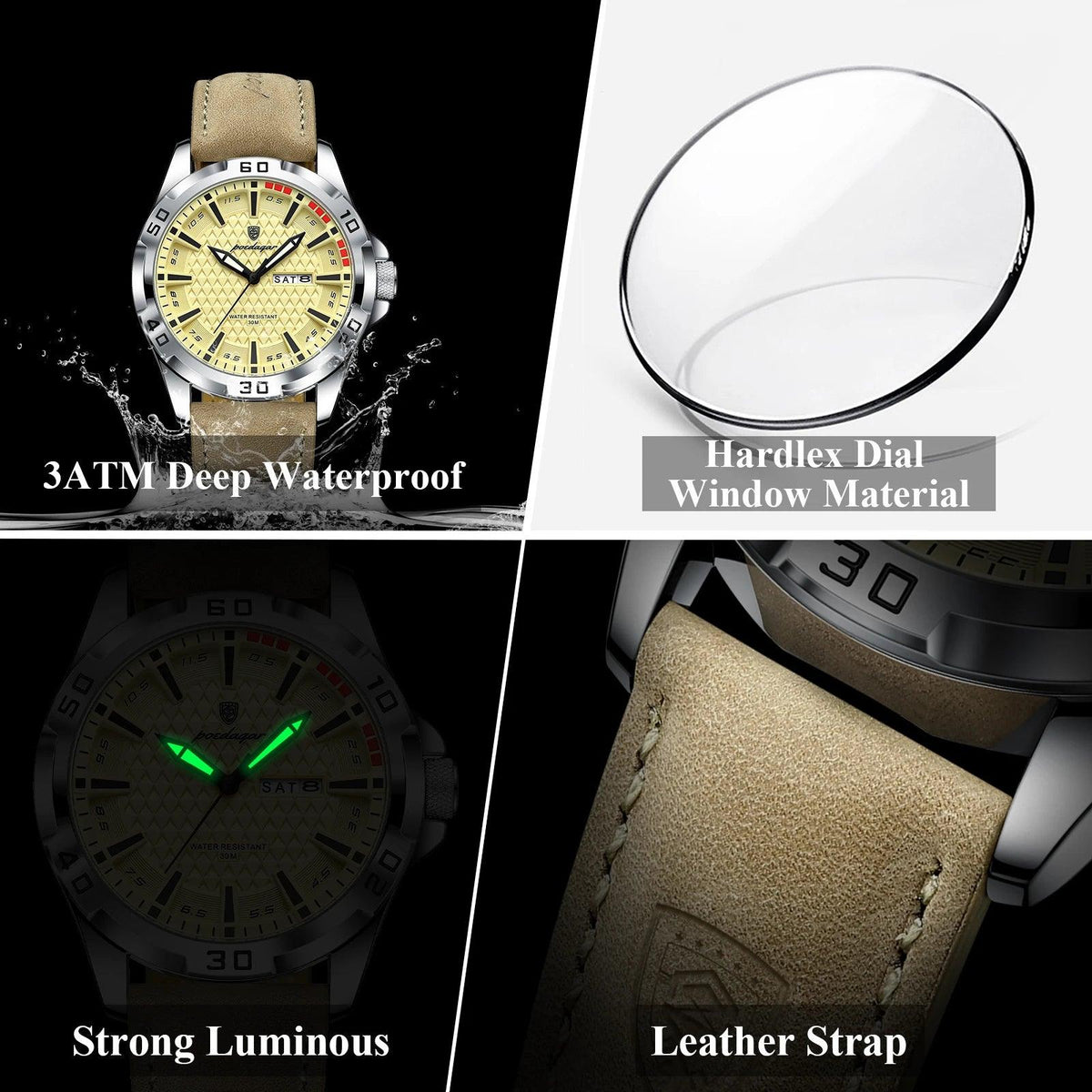 POEDAGAR Original Business Man Wristwatch Waterproof Luminous Date Week Casual Watch For Men Quartz Leather Luxury Fashion Men's Watches Reloj