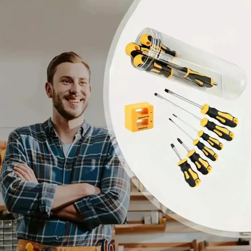11-Piece Magnetic Screwdriver Set Magnetic Tips Yellow Manual Repair Tool Kit Handy Bucket Cushion Handle for 11pcs/bucket