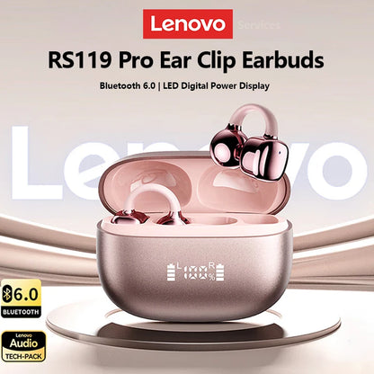Lenovo RS119 Pro Ear Clip Earbuds Stable Open Ear Wireless Earphones Bluetooth 6.0 Clip On Sports Headphones LED Power Display
