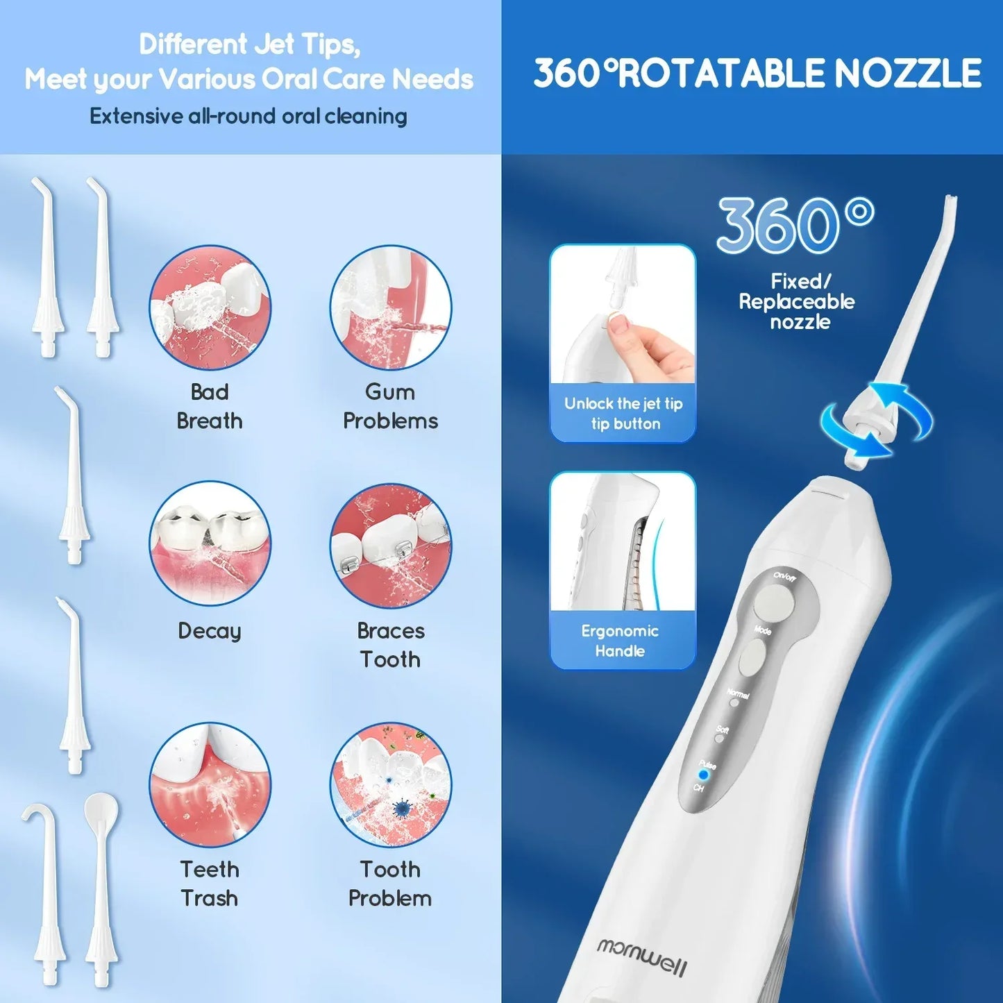 D52 Portable Cordless Water Flosser USB Rechargeable Water Jet Floss Tooth Pick 4 Jet Tip 300ml 3 Modes Teeth Clean for Travel - Urbizia