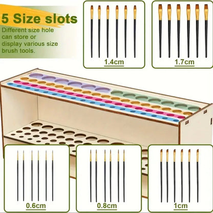 Wooden Brush Holder 67-Slot Premium Double-layer Durable Artist Desk Organizer Pencil Paint Brushes Storage Art Craft - Urbizia