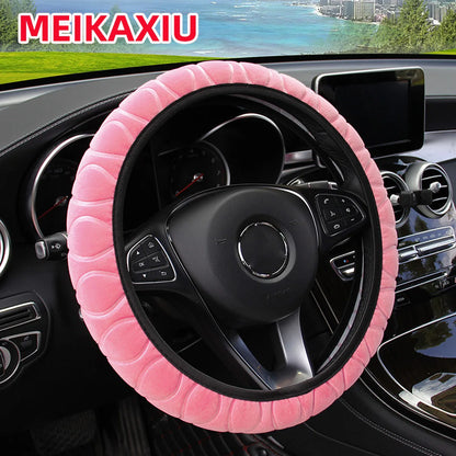 The soft short-fur plush pressed flower car inner-free steering wheel cover is suitable for 14.5 - 15-inch car interior accessor