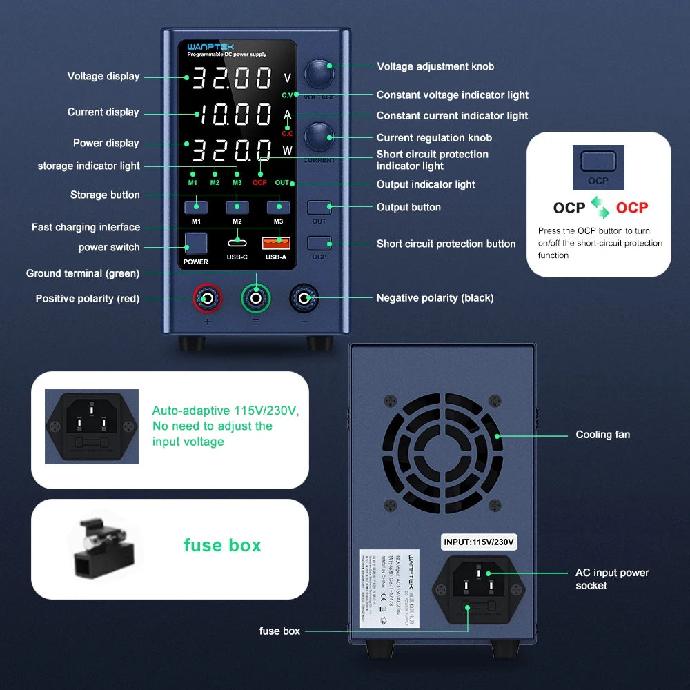 Wanptek Laboratory DC Power Supply 30V 10A 60V 5A 120V 3A with USB Fast Charging Adjustable Voltage Current Lab Power Supply