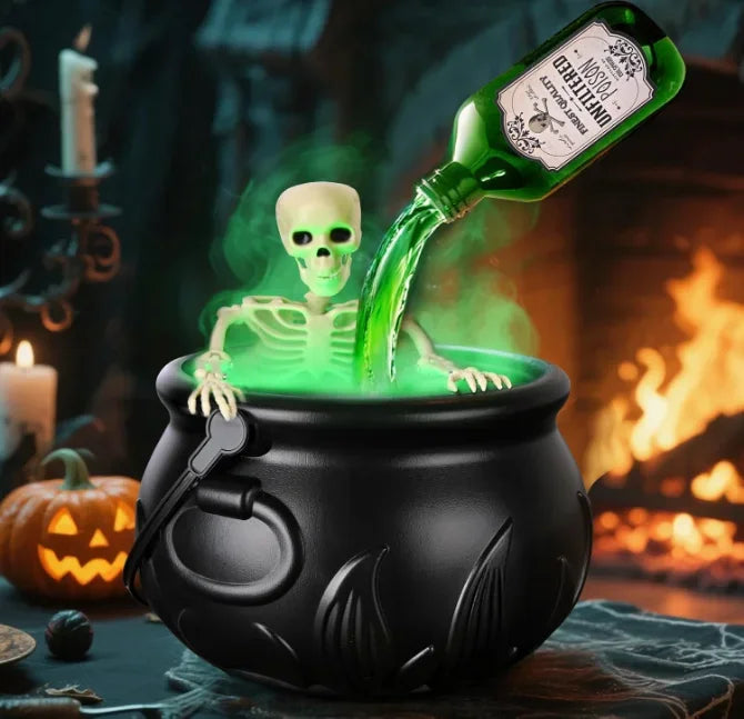 Halloween Cauldron Decoration – Floating Wizard Bowl with Fog & Skeleton Props