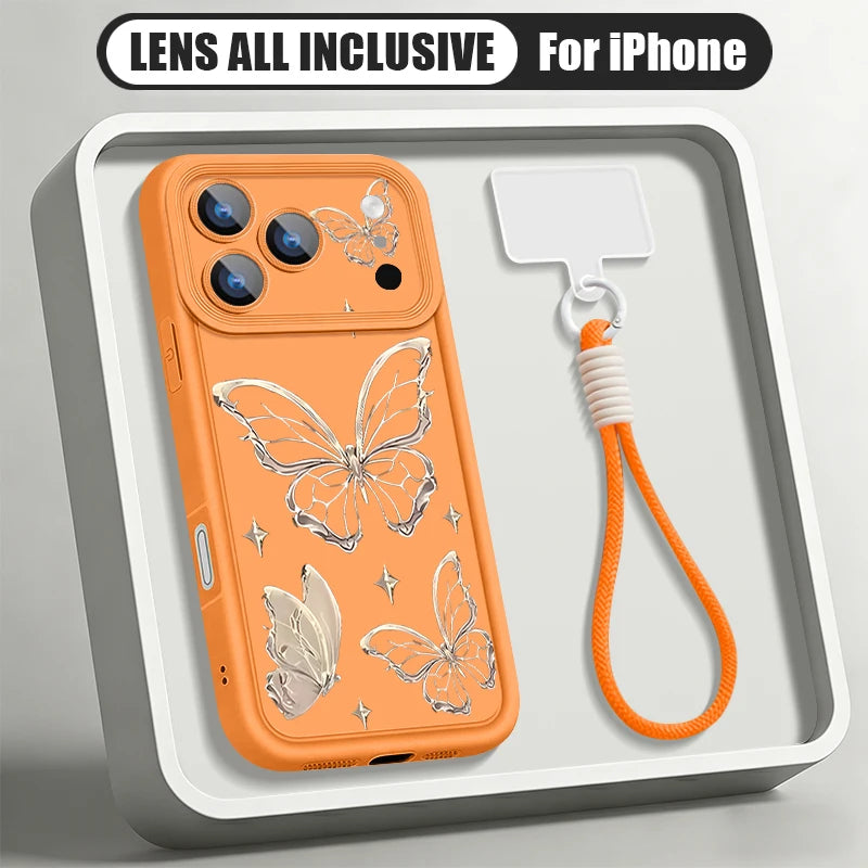 Retro Butterfly Pattern Lanyard Phone Case For iPhone 18 17 Pro Max 16 14 15 17 Pro 13 Pro Max 17e 16e 11 Soft Wrist Strap Cover