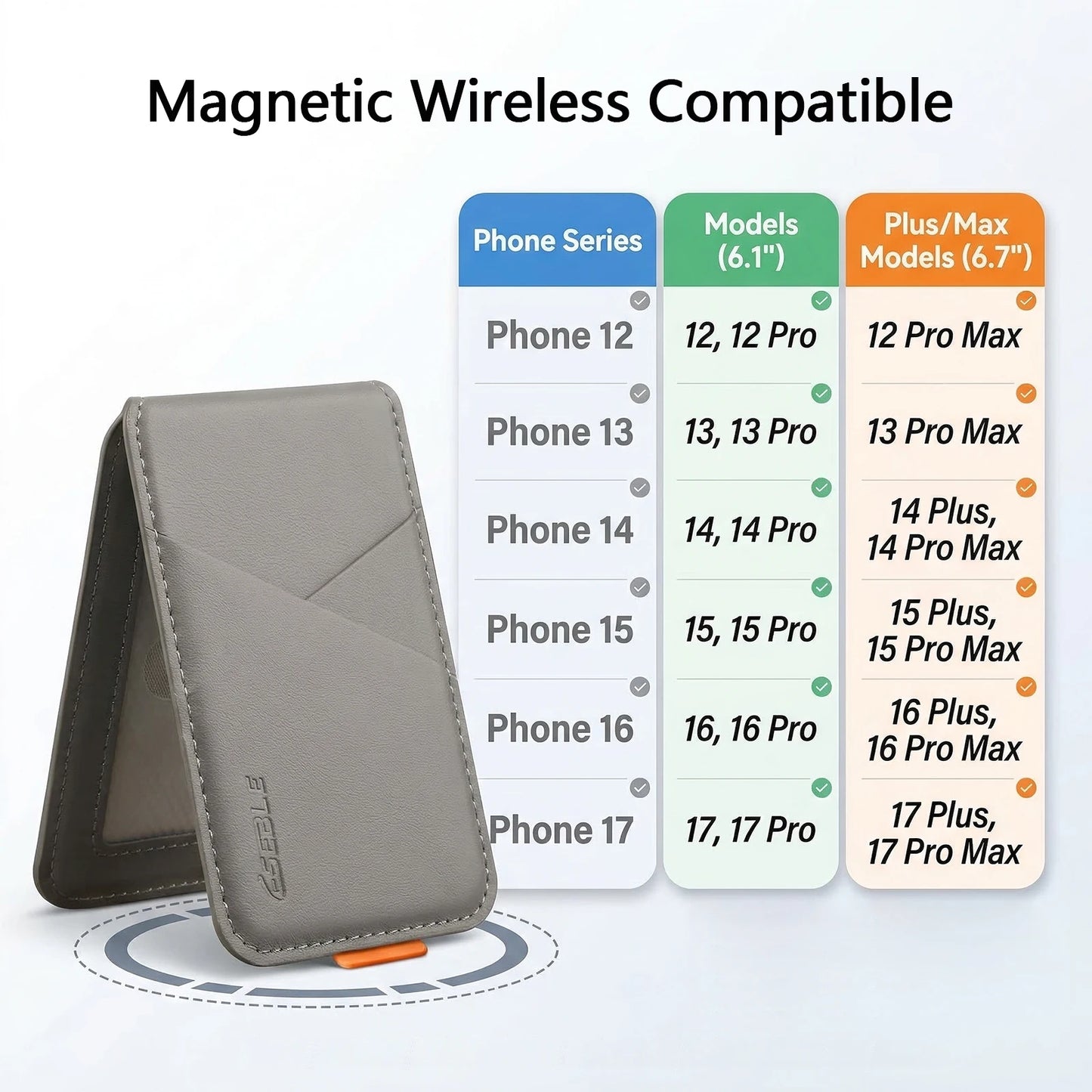 Premium PU Leather Magnetic Phone Card Holder, RFID Anti-Skimming Wallet Compatible with Magnetic Wireless Charging Smartphones,