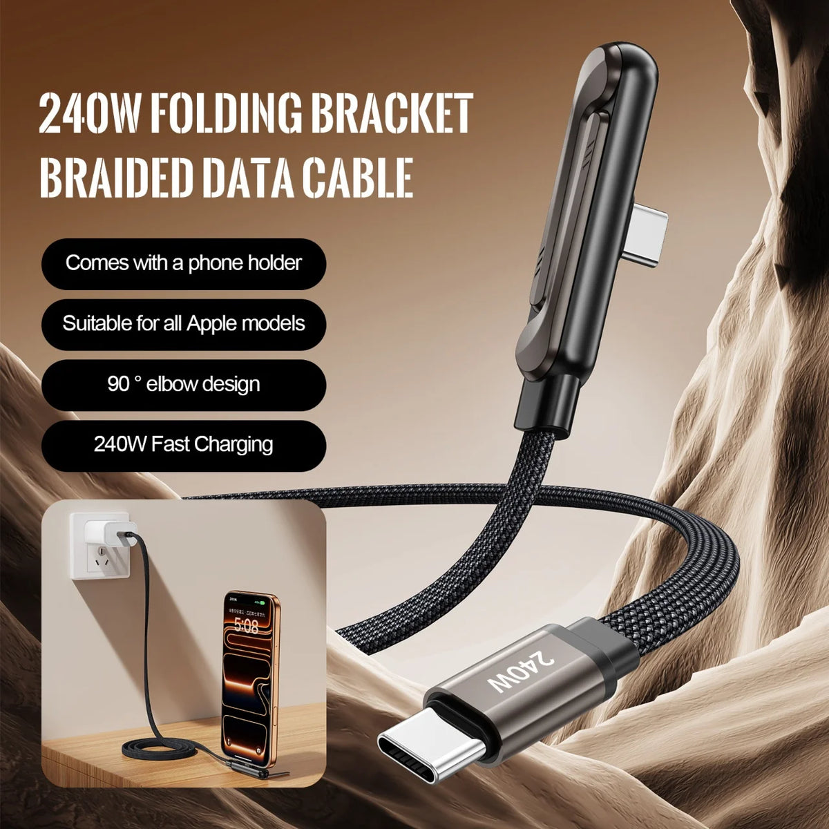 240W PD Fast Charging Type C to Type C Cable USB C to Type C Cable with Foldable Stand Phone Holder For iPhone 15 Xiaomi HUAWEI