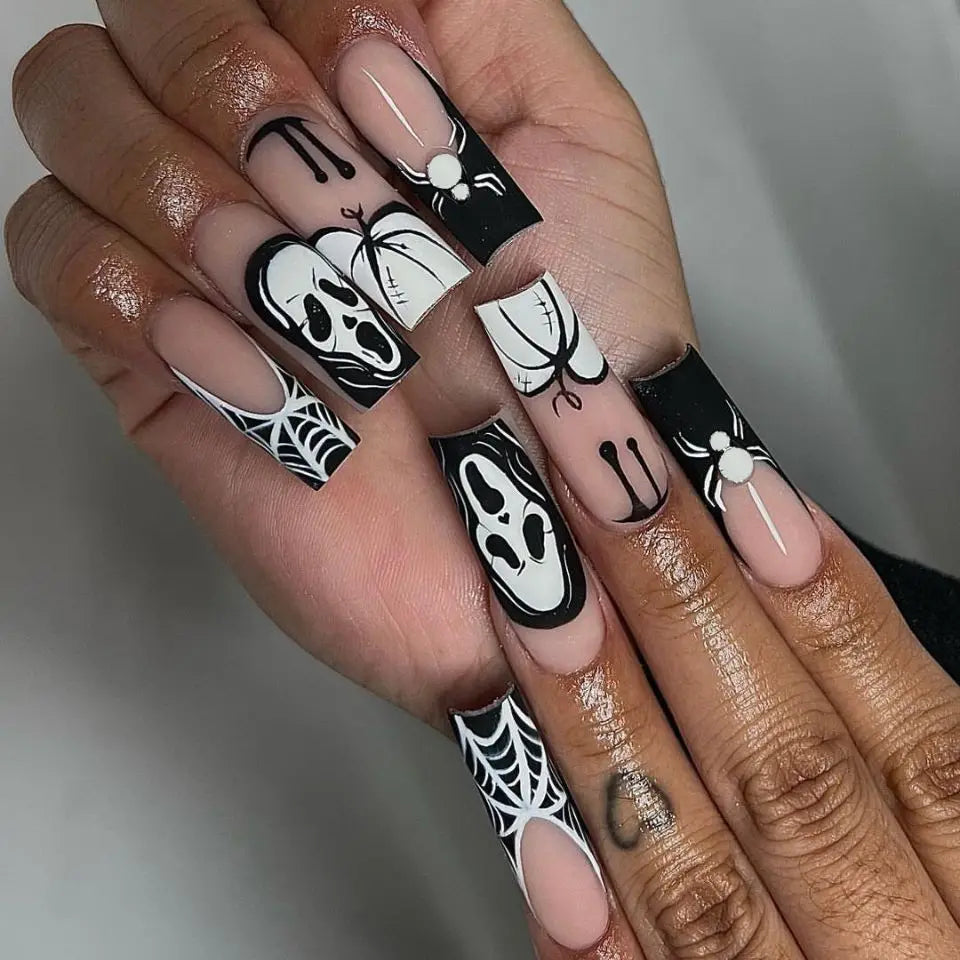 24Pcs Halloween Spider Fake Nails – Printed French Coffin Ballet Press-on Nails