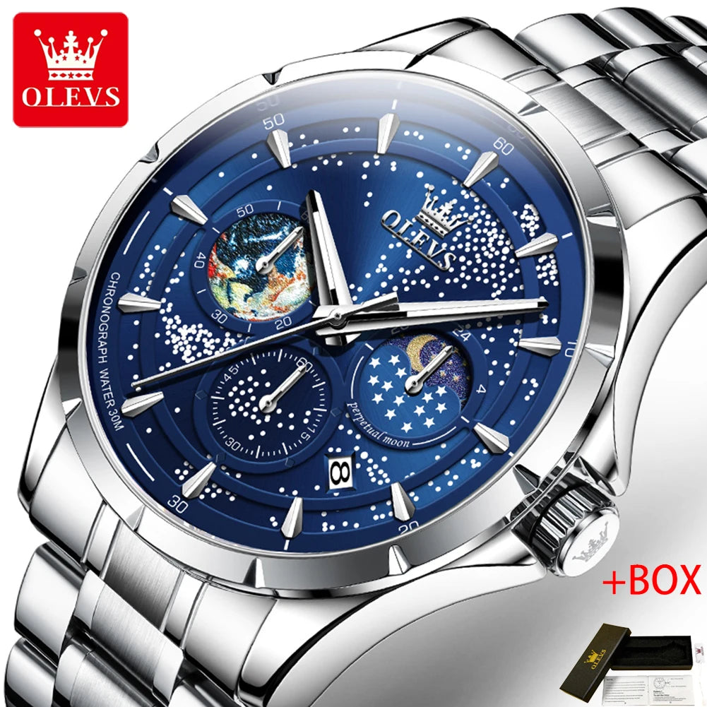 OLEVS Fashion Starry Sky Green Dial Quartz Watch for Men Multifunction Moon Phase Luminous Chronograph Watches Relogio Masculino