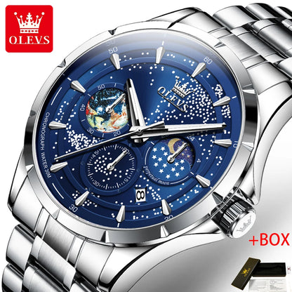OLEVS Fashion Starry Sky Green Dial Quartz Watch for Men Multifunction Moon Phase Luminous Chronograph Watches Relogio Masculino