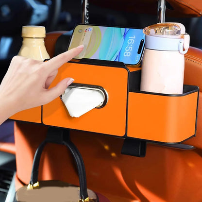 Multifunctional Car Organizer with Cup Holder Tissue Box and Hooks Vehicle Seat Back Hanging Storage Box Travel Accessories