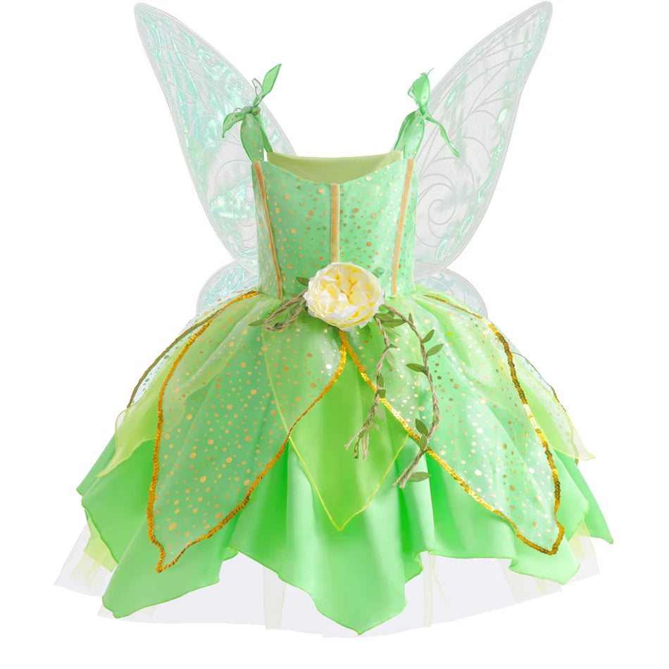 Girls Flower Fairy Dress – Kids Princess Costume with Wings, Halloween & Party Tinkerbell Dress