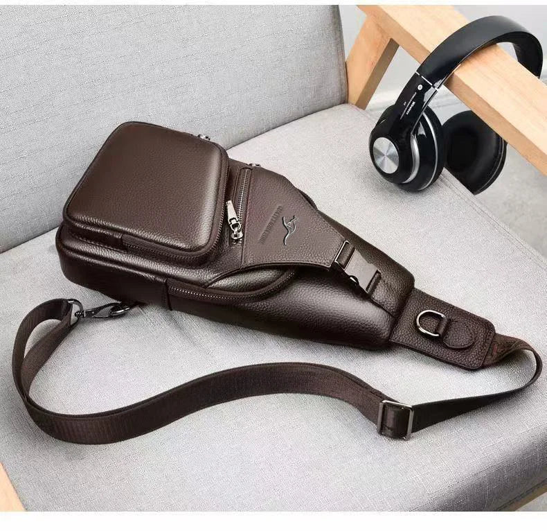 Minimalist Men's Sling Chest Bag, Pu Leather Small Crossbody Bag Ultra-Light Daypack Black/Brown Travel Chest Pack for Men