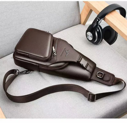 Minimalist Men's Sling Chest Bag, Pu Leather Small Crossbody Bag Ultra-Light Daypack Black/Brown Travel Chest Pack for Men