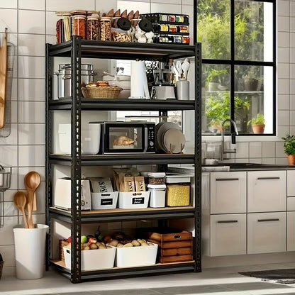 Heavy duty garage racking with 500 lb and 2000 lb capacity, 5-tier utility storage racks and metal shelving units. Suitable for