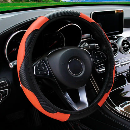 Universal Fit PU Carbon Fiber Leather Car Steering Wheel Cover 14.5-15 Inch No Inner Ring Required Vehicle Decoration Accessory