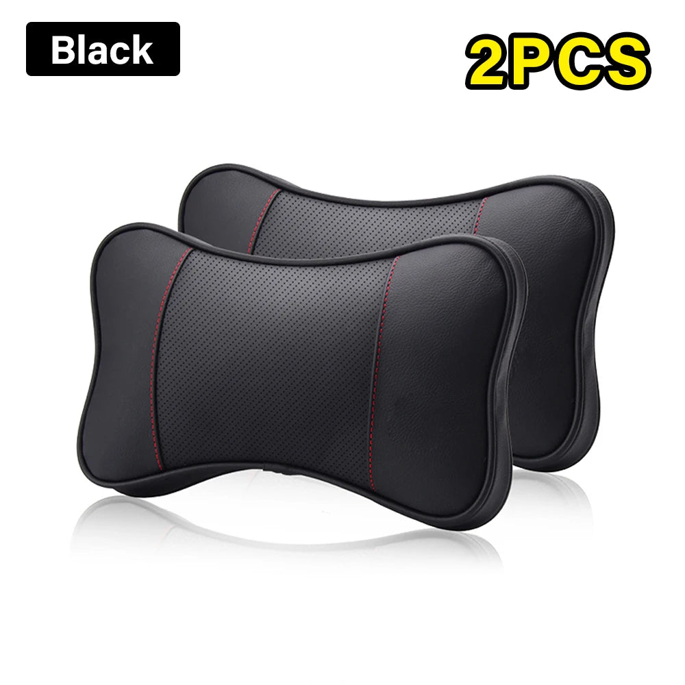 2PCS Top Quality Cowhide Car Neck Pillows Headrest Neck Pillow Support Auto Universal Seat Soft Breathable Interior Decoration