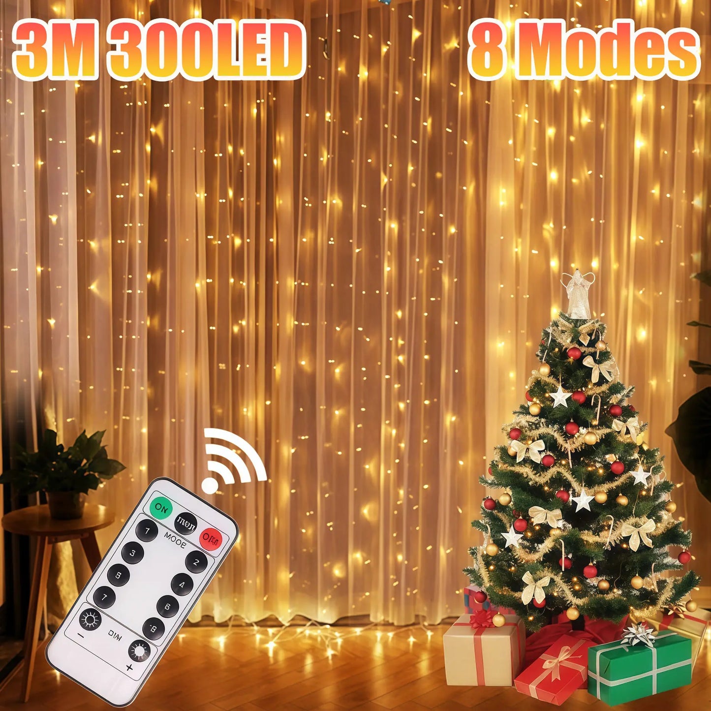 Christmas Curtain LED String Lights – 8 Modes USB Remote Control Fairy Lights