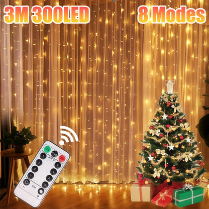 Christmas Curtain LED String Lights – 8 Modes USB Remote Control Fairy Lights