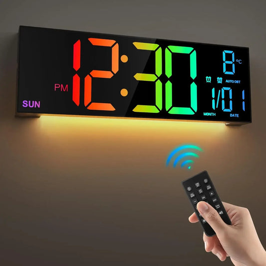16.2'' Large Digital Wall Clock with Remote Control Big LED/Dual Alarm/8 RGB Colors Digital Alarm Clock Electronic Watch - Urbizia
