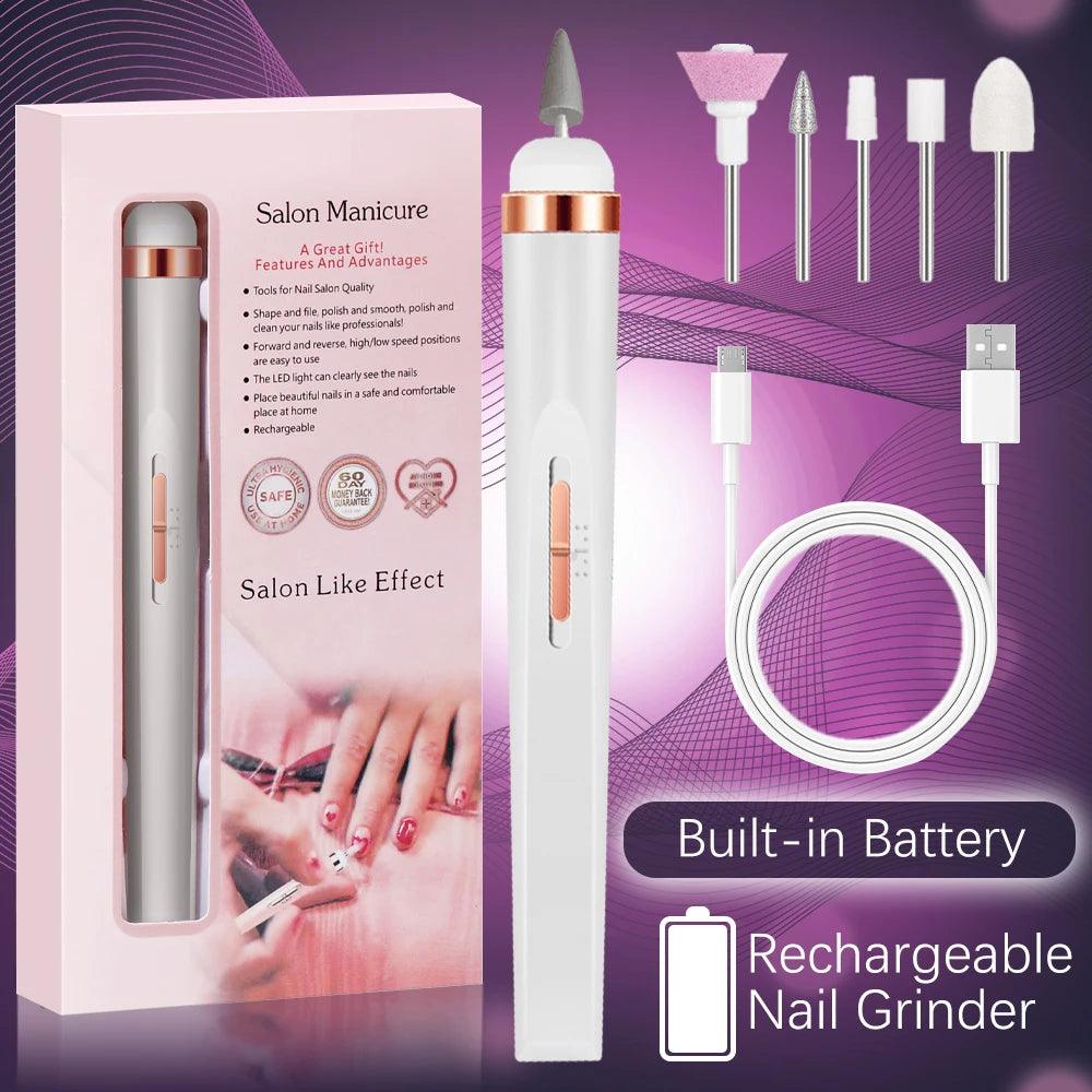 YIKOOLIN 5 in 1 Electric Nail File Electric Nail Drills with LED Light 4 Speed Cordless Nail Drill Care Hand Manicure Tool Set