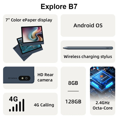 Bigme B7 7'' Color E-ink EBook Reader, 36-Level Frontlight, 8GB+128GB, Android 14 OS E-reader with 4G Calling, Eye-Comfort E-Book