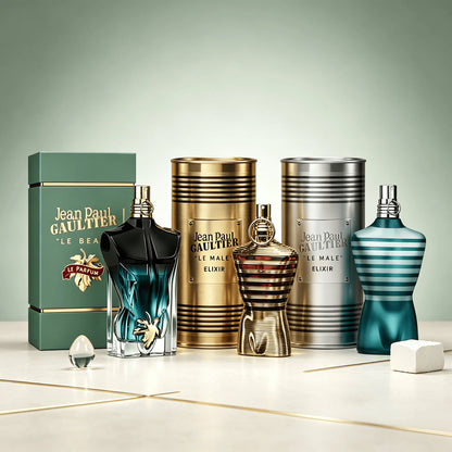 Jean Paul Gaultier 4 Styles Men Perfume Collection Set Le Male Le Parfum Le Beau Le Parfum Original Le Male Eau De Parfum Natural Spray Long Lasting Woody Scent Iconic Torso Shaped Bottle Luxury Metal Cylindrical Gift Can for