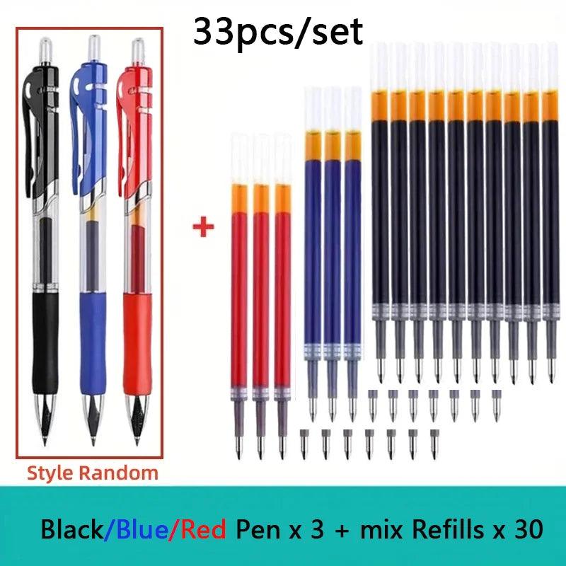 23/33Pcs Retractable Ballpoint Pen Large Capacity 0.5mm Ballpoint Pen Black/Red/Blue Replaceable Refill School Supplies