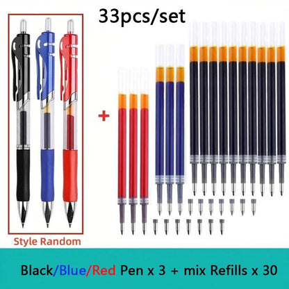 23/33Pcs Retractable Ballpoint Pen Large Capacity 0.5mm Ballpoint Pen Black/Red/Blue Replaceable Refill School Supplies