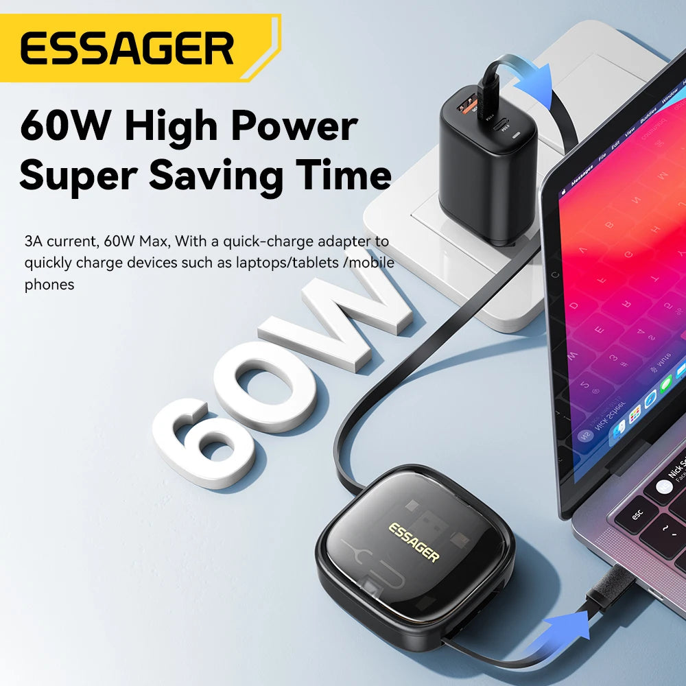 Essager 60W Fast Charge USB A/C To TypeC Micro Lightning Cable Mini Multifunctional Travel Storage Box With Phone Holder Pin Set