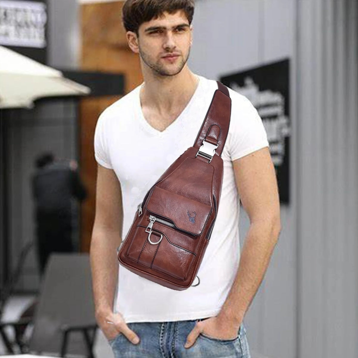 Sling Bag for Men Crossbody Chest Bag, PU Leather Over the Shoulder Purse Cross Body Sling Backpack for Travel