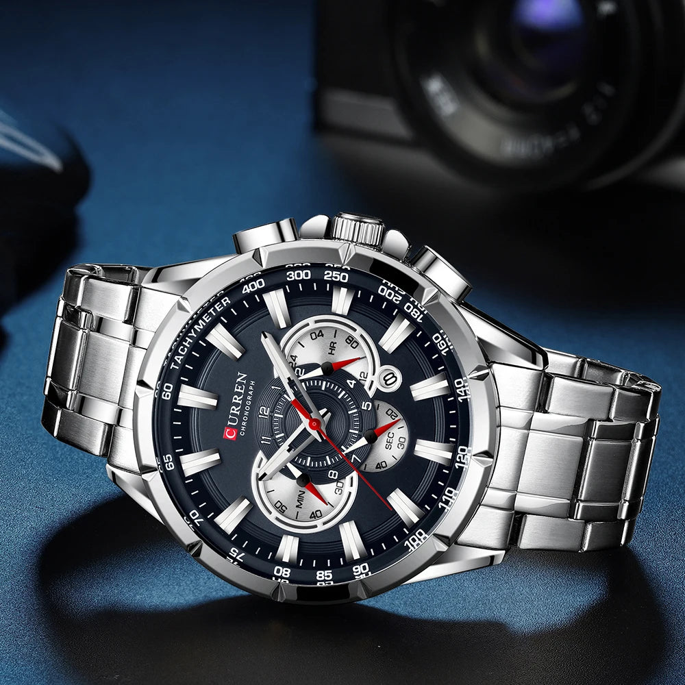 CURREN 8363 Casual Sport Chronograph Men's Watches Stainless Steel Band Wristwatch Big Dial Quartz Clock with Luminous Pointers