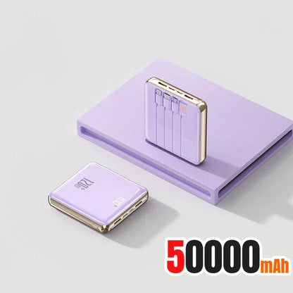 New 500000mAh Mini Power Bank Built-in 4 Cables Large Capacity Super Fast Charging External Battery for IPhone Samsung