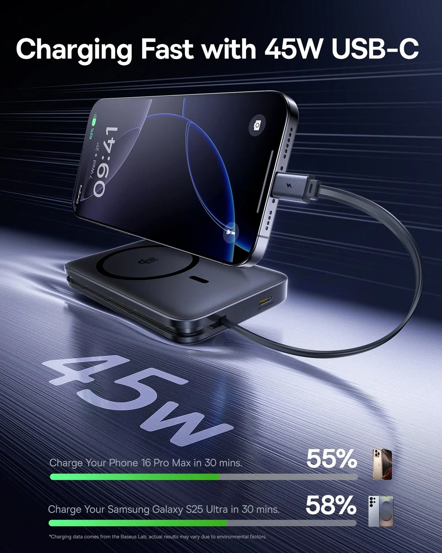 Baseus 10000mAh 45W Power Bank For Qi2.2 25W MagSafe Magnetic Wireless Charging Built-In USB-C Cable For iPhone 17 Samsung S25