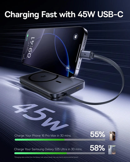 Baseus 10000mAh 45W Power Bank For Qi2.2 25W MagSafe Magnetic Wireless Charging Built-In USB-C Cable For iPhone 17 Samsung S25