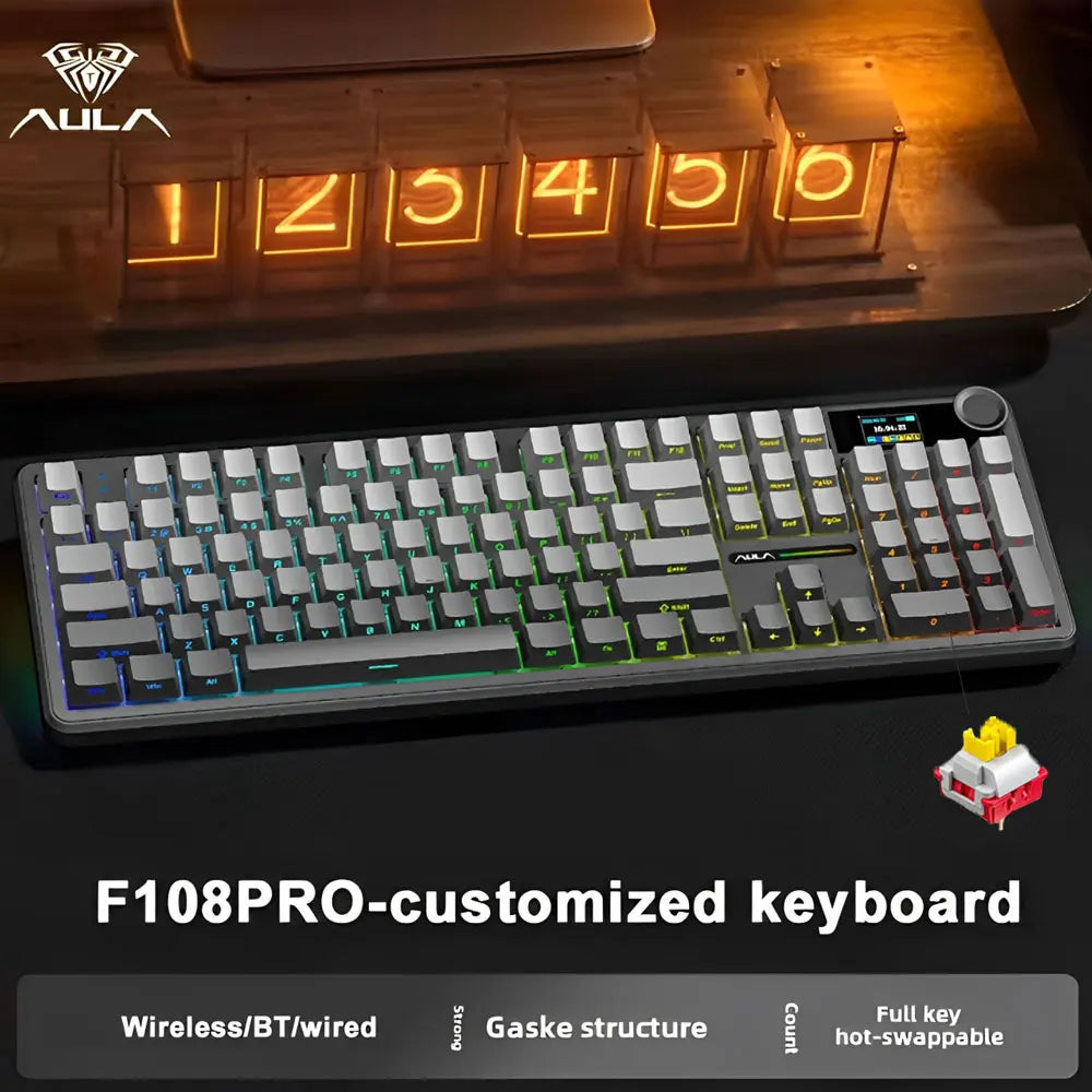 AULA F108 Pro Gaming Mechanical Keyboard Tri Mode Custom Multi-Knob Screen RGB Esports Wireless Keyboard with TFT Smart Display