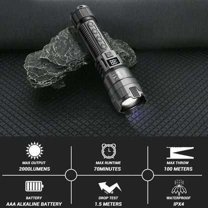 High Power 2000LM LED Flashlight Built-in Battery USB Rechargeable Strong Light Tactical Torch Outdoor Camping Hiking Lantern - Urbizia