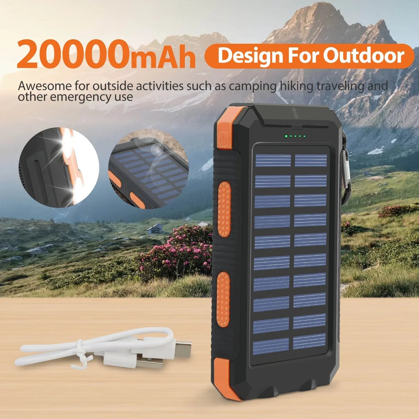 Solar Power Bank 20000mAh Waterproof Portable LED Flashlight