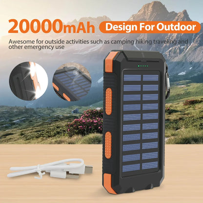 Solar Power Bank 20000mAh Waterproof Portable LED Flashlight