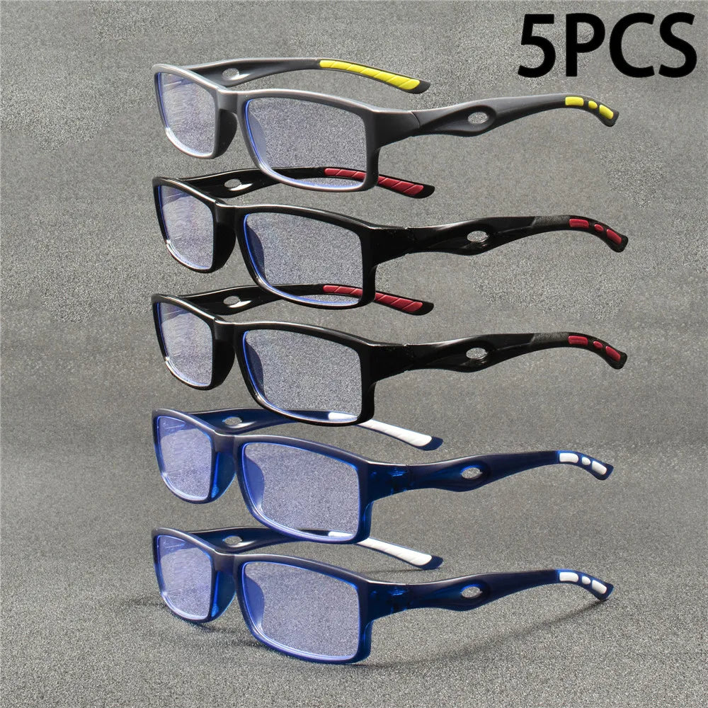 5PCS Sport Style Non-Prescription Reading Glasses Anti-Blue Light Rectangular Full Rim Eyewear, PC Frame Material