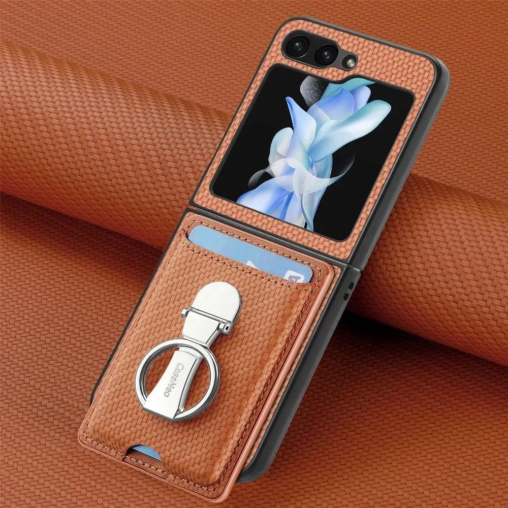 Luxury Ring Stand Leather Phone Case for Samsung Galaxy Z Flip 8 Flip 7 6 5 4 3 Flip7 FE Wallet Card Slot Shockproof Cover
