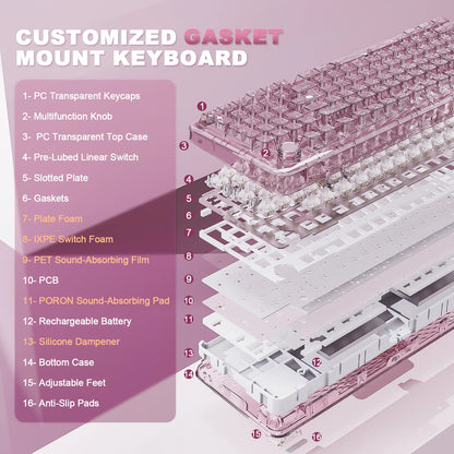 YUNZII X98 Pink QMK/VIA Wireless Transparent RGB Keyboard, Hot-Swap Gasket Mechanical Gaming Keyboard, Pre-lubed Knob Keyboard