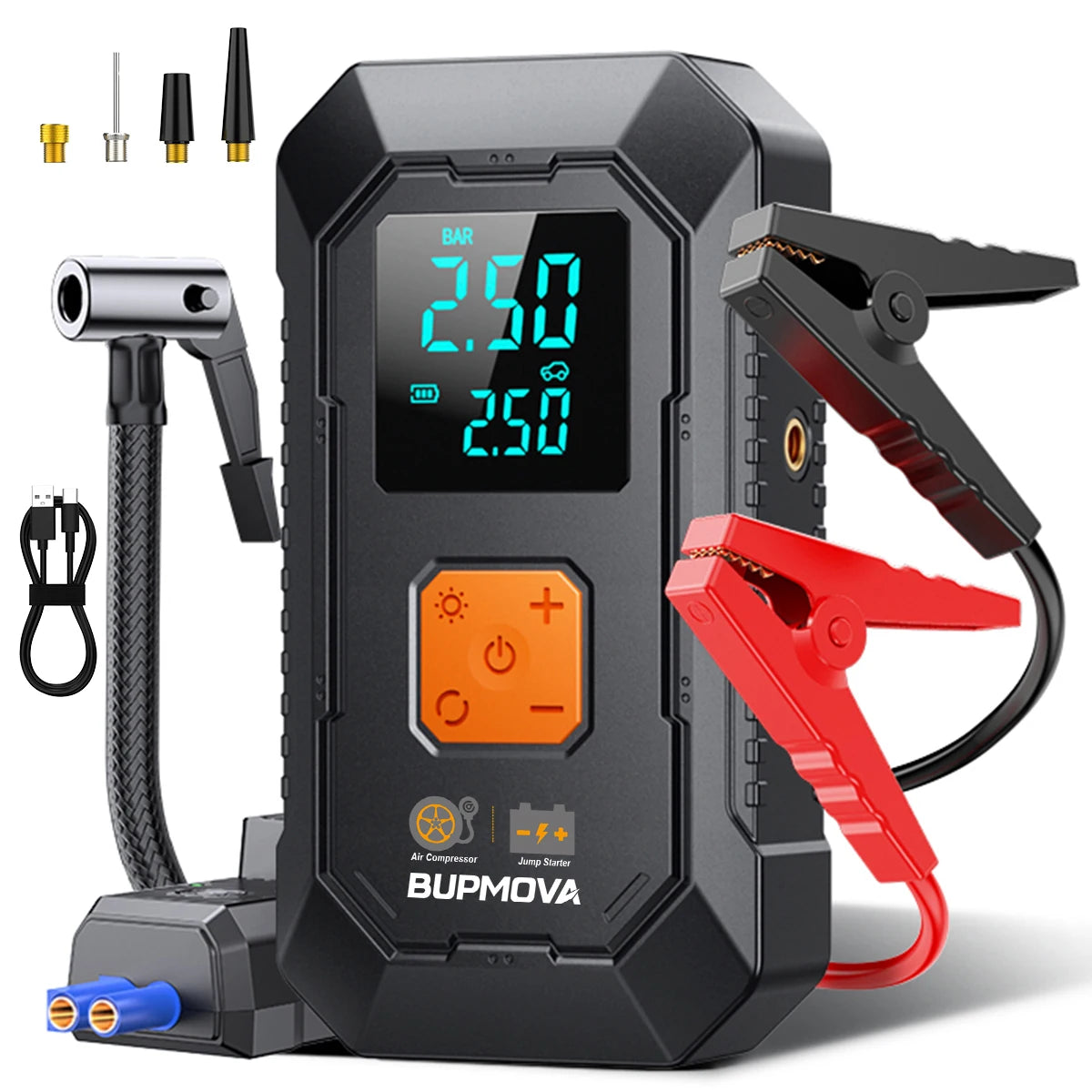 1500A Peak Car Battery Starter Kit, Featuring a 150 PSI Air Compressor, Jump Cable Box, Portable Starter for 12L of Gasoline/10.0L of Diesel Engines, LCD Display, 3-Mode LED Flashlight, Fast Charging USB-C, Lithium Polymer Ba