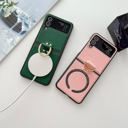 PU Leather Phone Cover for Samsung Galaxy Z Flip 7 FE 6 5 4 3 Case with Ring Holder for Magsafe Magnetic Wireless Charge Flip6