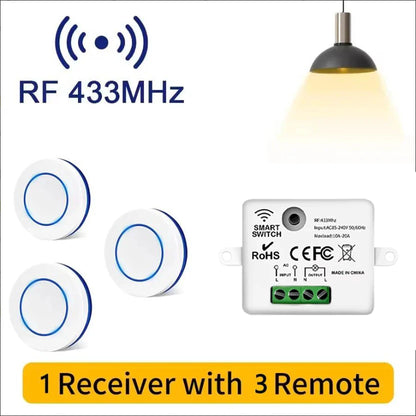 RF 433MHz Wireless  10A Relay Receiver Remote Control Light Switch 220V 110V Mini Round Button Wall Panel Switch For LED Lamp