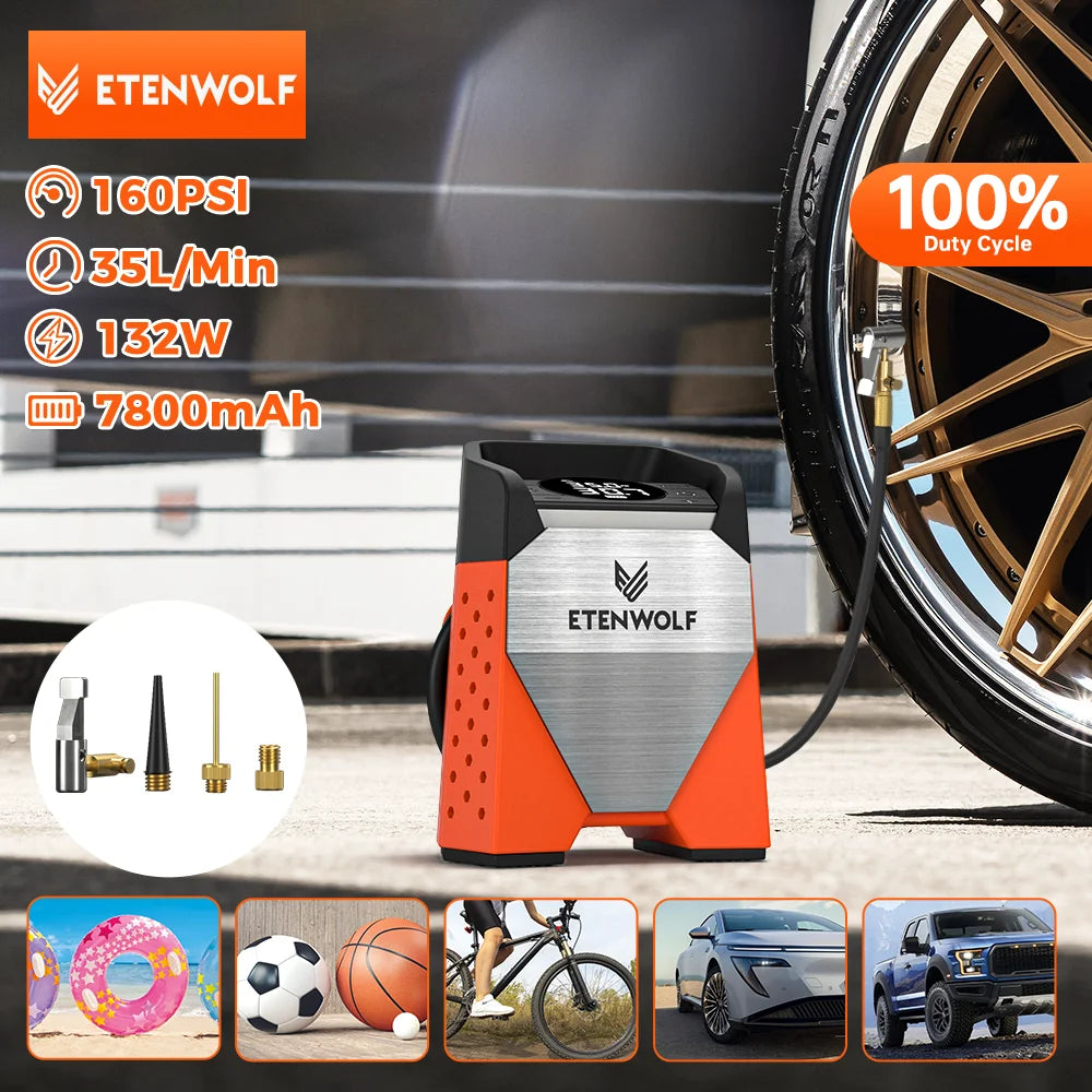 ETENWOLF ZEPHYR S3 Portable Tire Inflator 100% Duty Cycle 160 PSI Car Air Compressor 7800mAh For Cars Motorcycles Balls (New)