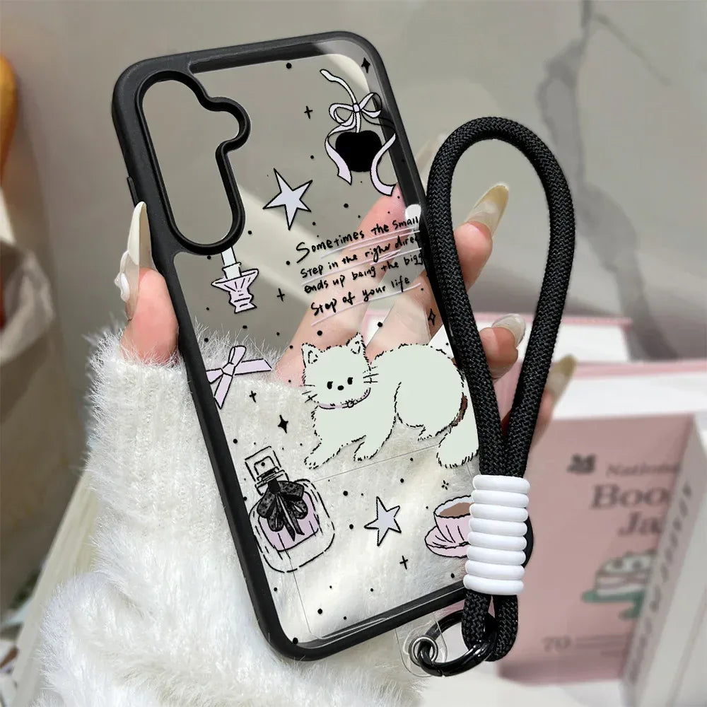 Cute Cat Phone Case For Samsung Galaxy A17 A07 A56 5g A16 A55 A54 A36 A26 A35 S26 S25 Ultra S24 FE S23 Lanyard Matte Clear Cover