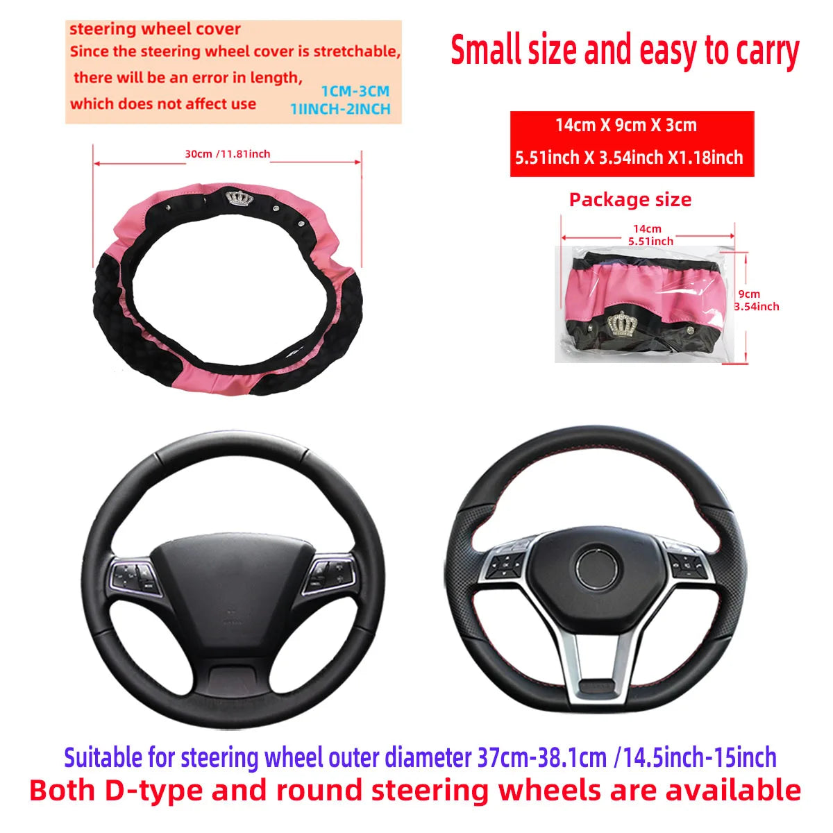 Pu leather diamond-encrusted crown Blingbling car rimless steering wheel cover suitable for 14.5 - 15 inch car accessories