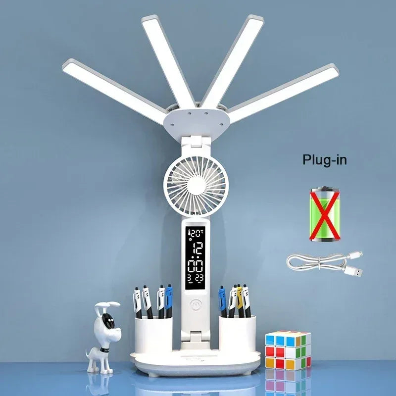 3 Color LED Table Lamp with Fan And Clock Four Headed Folding USB Charging Multifunction Desk Lamp for Reading Night Light - Urbizia